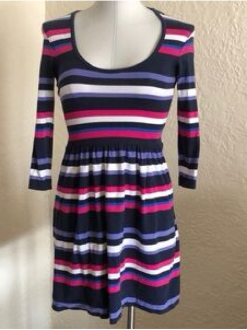 French Connection Girls Size 6 Striped Long Sleeve Dress- Navy Pink Purple